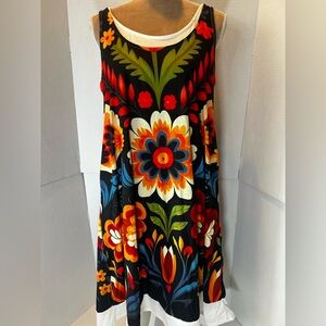 Sleeveless Black Floral Shift Dress with Multicolor Folk Print